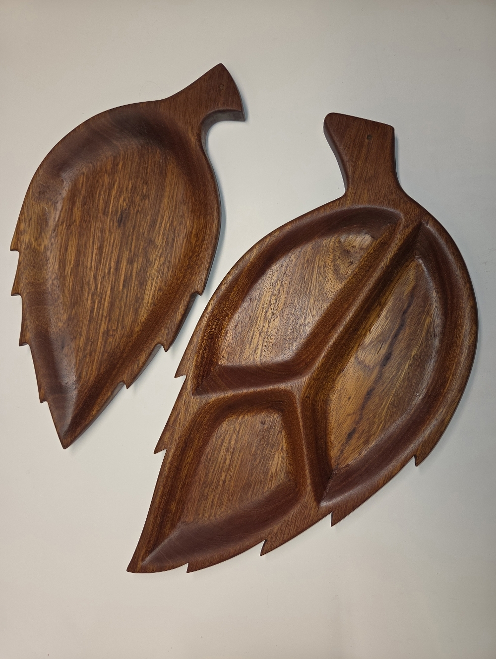 Pair Of Monkey Pod Wood Serving Trays Leaf Shaped Med/Lg Size With Holes To Hang